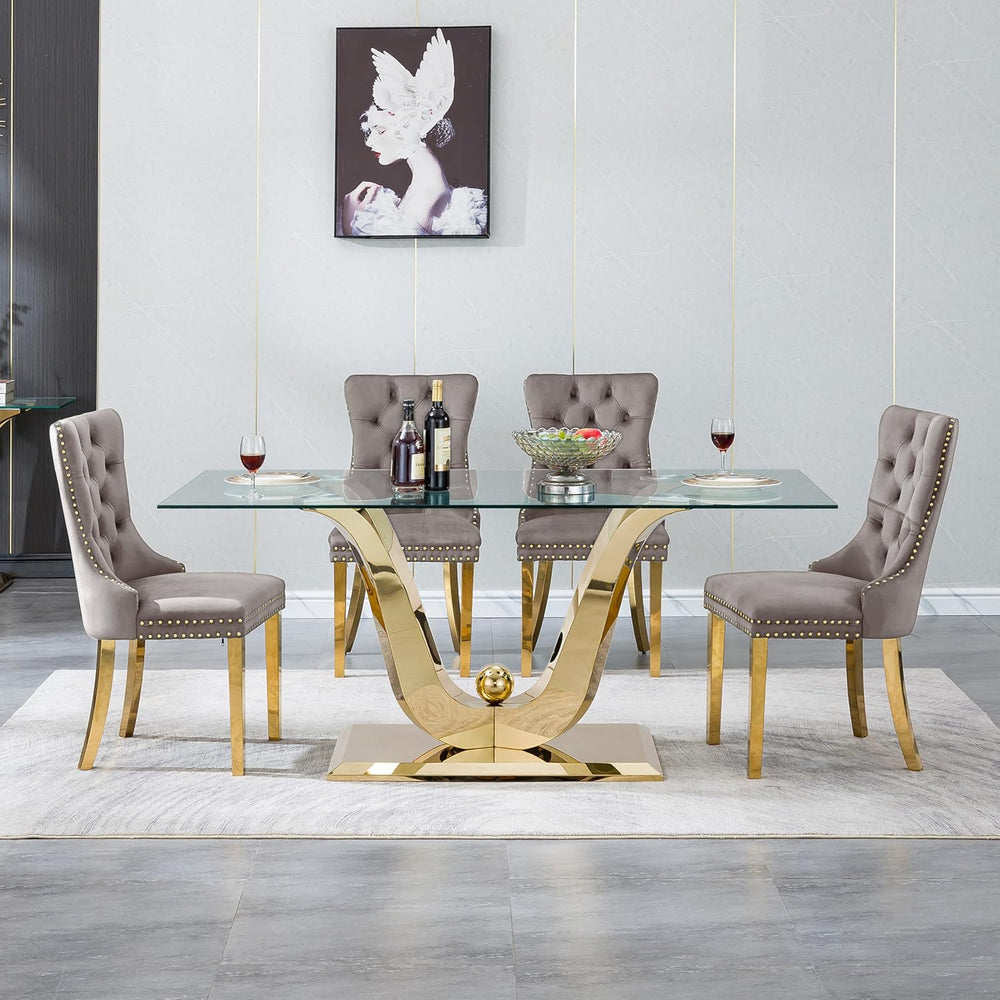 70" Modern Gold Glass Dining Table Set for 4, 5-Piece Rectangle Kitchen ...