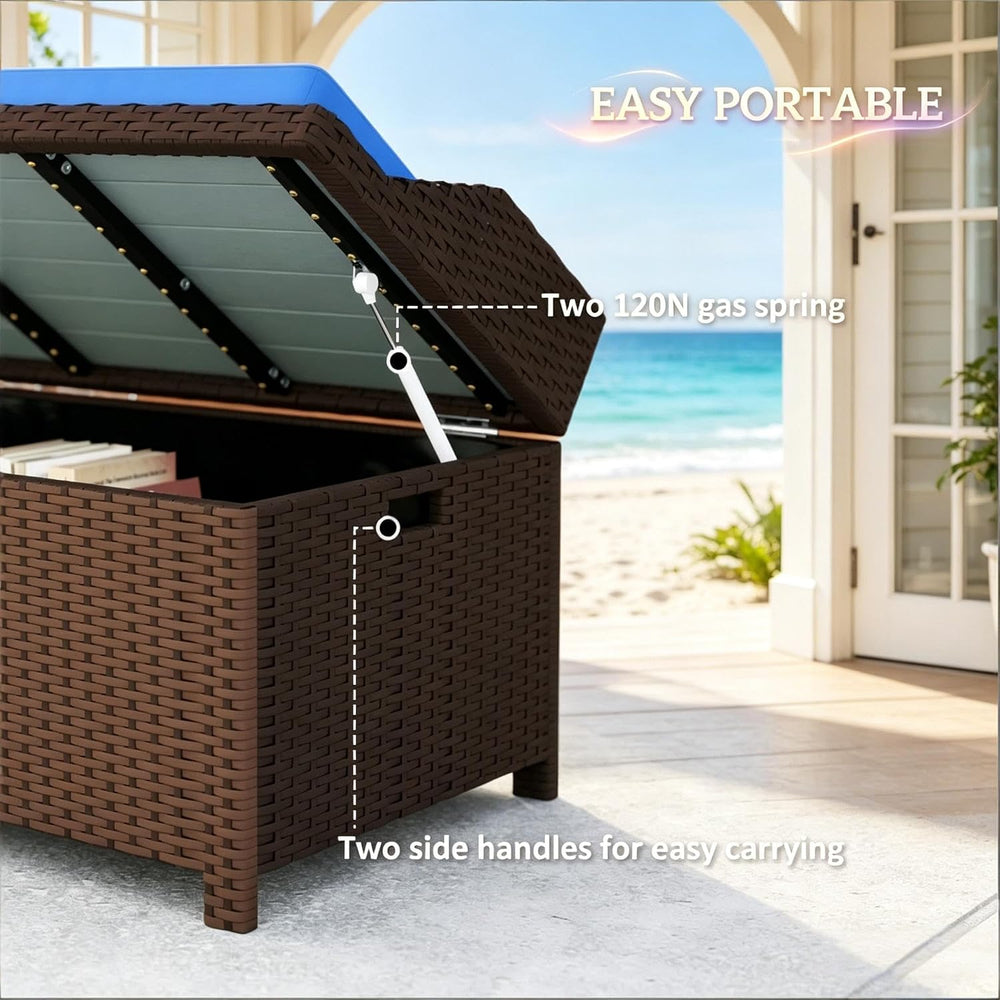 2-in-1 Outdoor Wicker Storage Bench with Cushion - 34 Gallon Patio Deck Box w...
