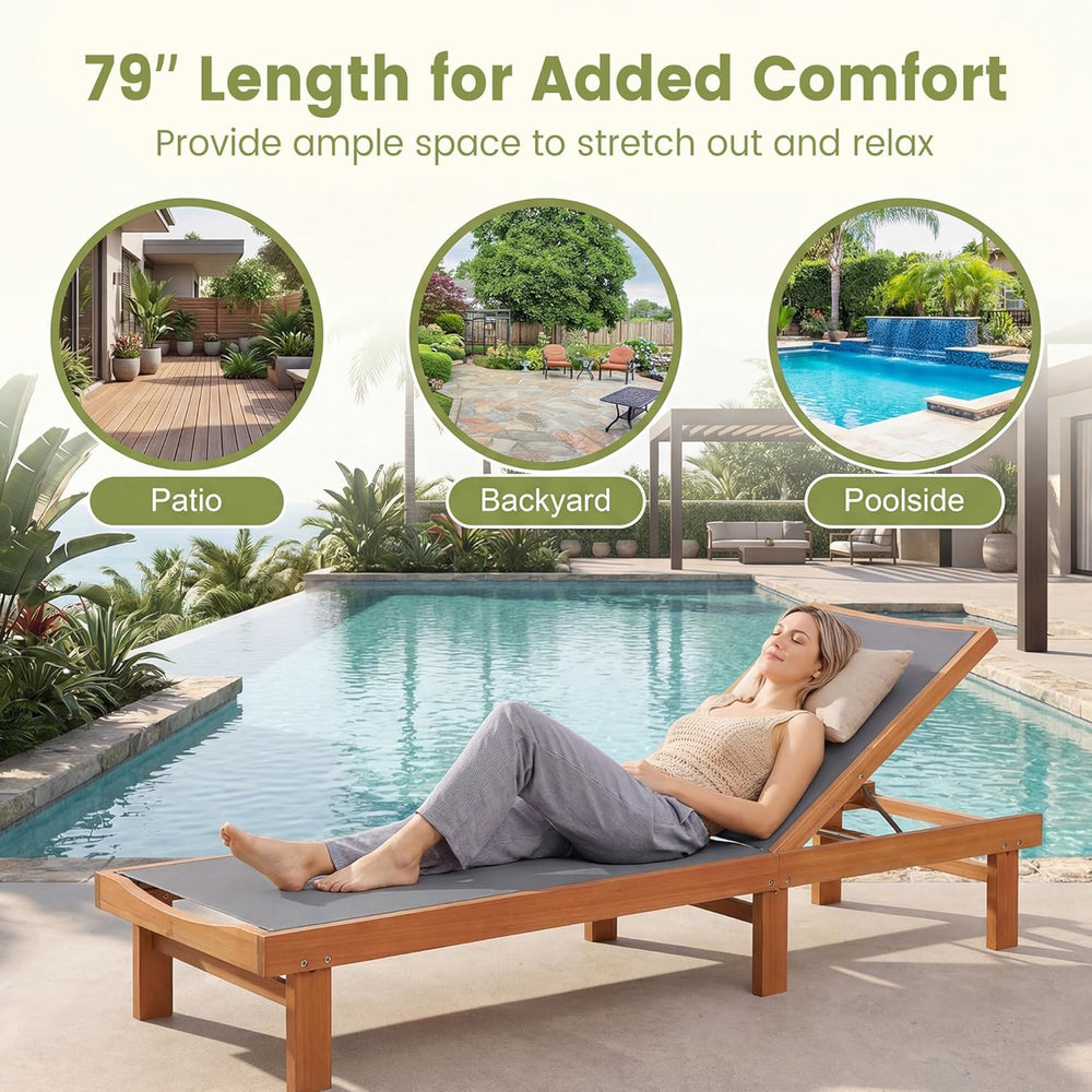 COSTWAY Set of 2 Patio Wood Chaise Lounge Chair, Strong Eucalyptus Wood Frame...