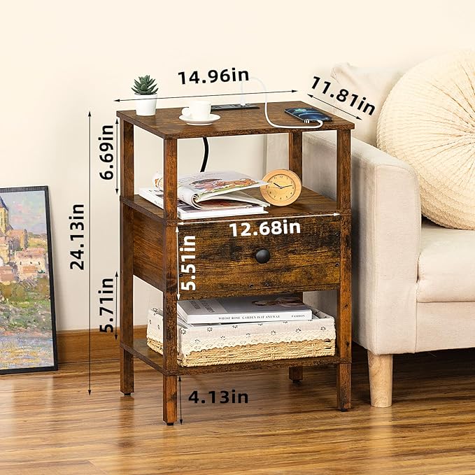 Lerliuo Nightstand with Charging Station and USB Ports, 3-Tier Storage End Ta...