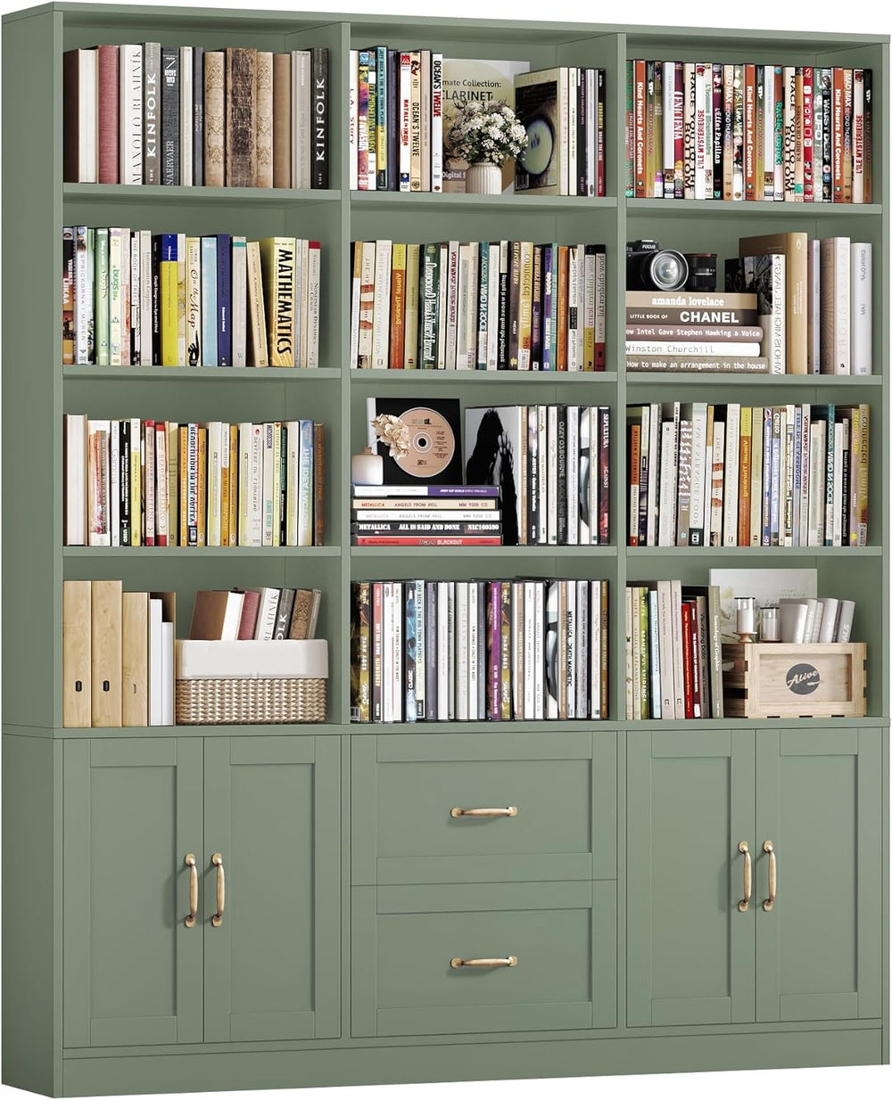 HOSTACK 71" Tall Triple Wide Bookshelf with Storage Drawers & Doors,...