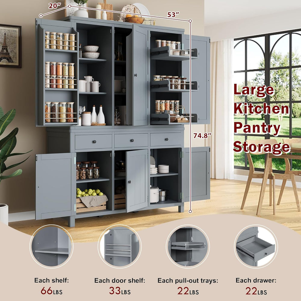 Merax 74.8'' Tall Kitchen Pantry Storage Cabinet with 6 Doors, 3 Draw...
