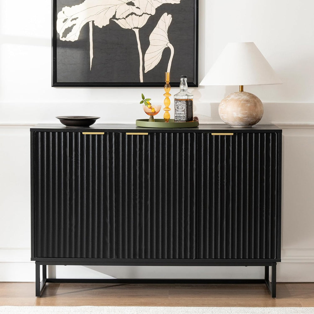 Fluted Storage Cabinet with 3 Doors, Sideboard Buffet Cabinets with Adjustabl...