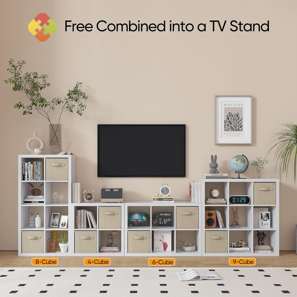 furtble Bookshelf with Storage Bin, 4-Cube Storage Organizer, Modern Wood Ope...