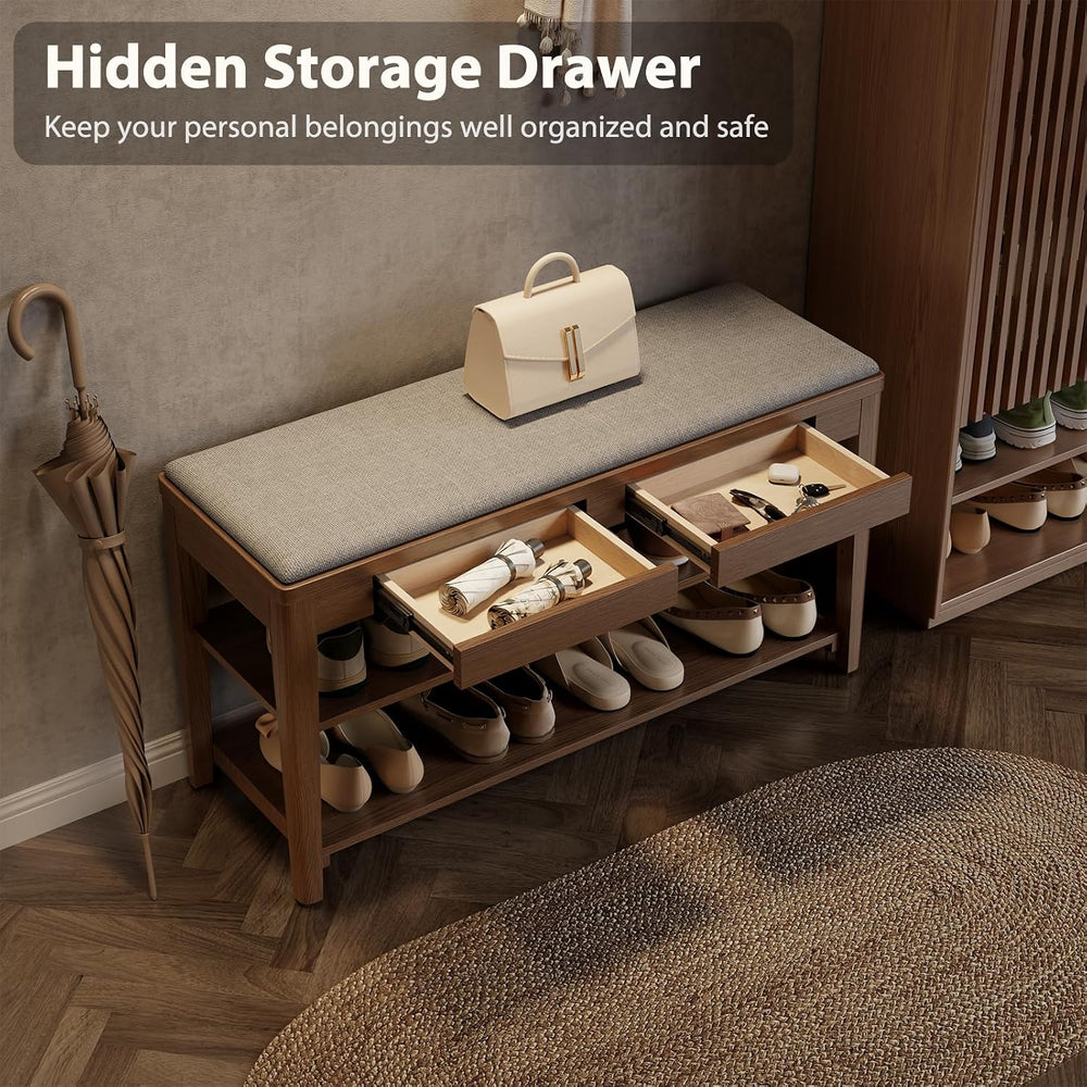 Shoe Bench with Storage, Wooden Shoe Storage Bench with Cushion&Hidden Dr...