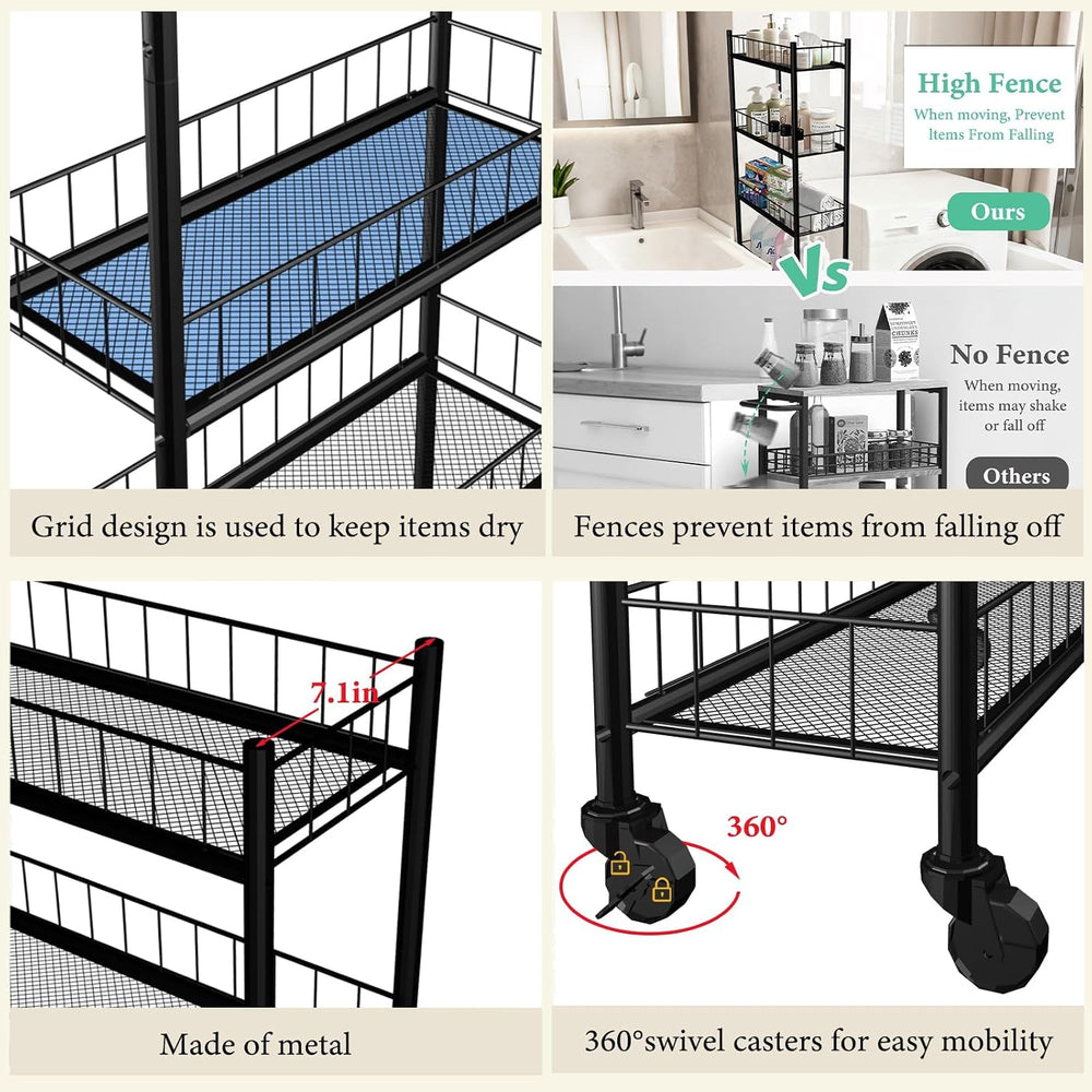 Utility Slim Storage Cart 6 Tier Narrow Metal Frame Carts | 6 Tier Narrow Kit...