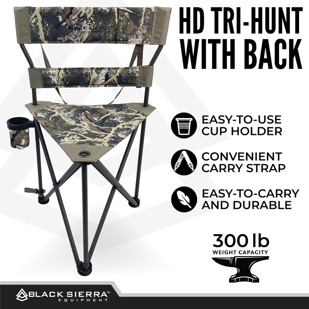 Black Sierra HD Tri-Hunt with Back Hunting Stool, Foldable Tripod Seat w/Stee...