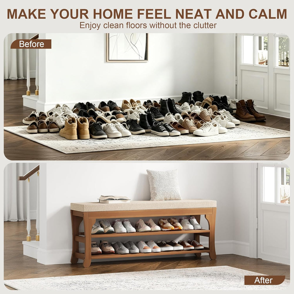 PETKABOO 39.4" Shoe Storage Bench with Cushion, Bamboo Shoe Rack Bench, ...