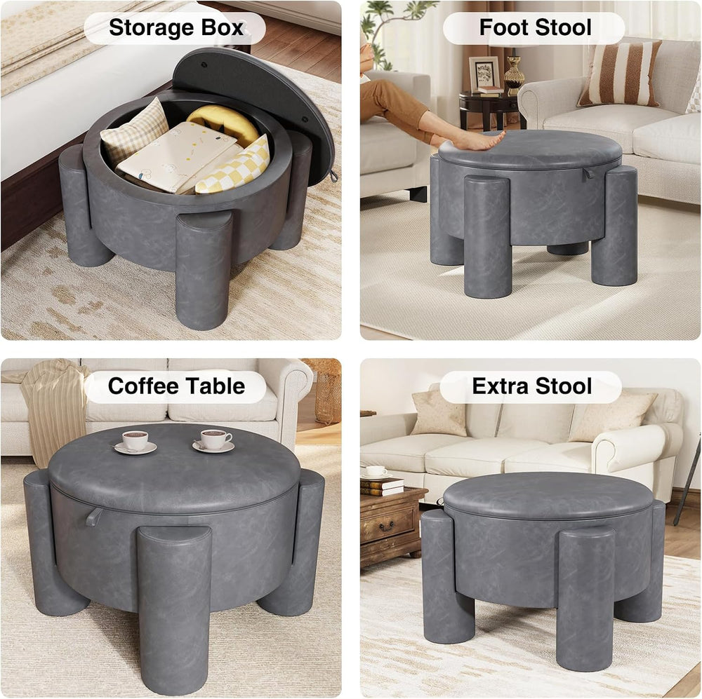FiveWillowise 24 Inch Round Small Ottoman with Storage,Faux Leather | 24"...