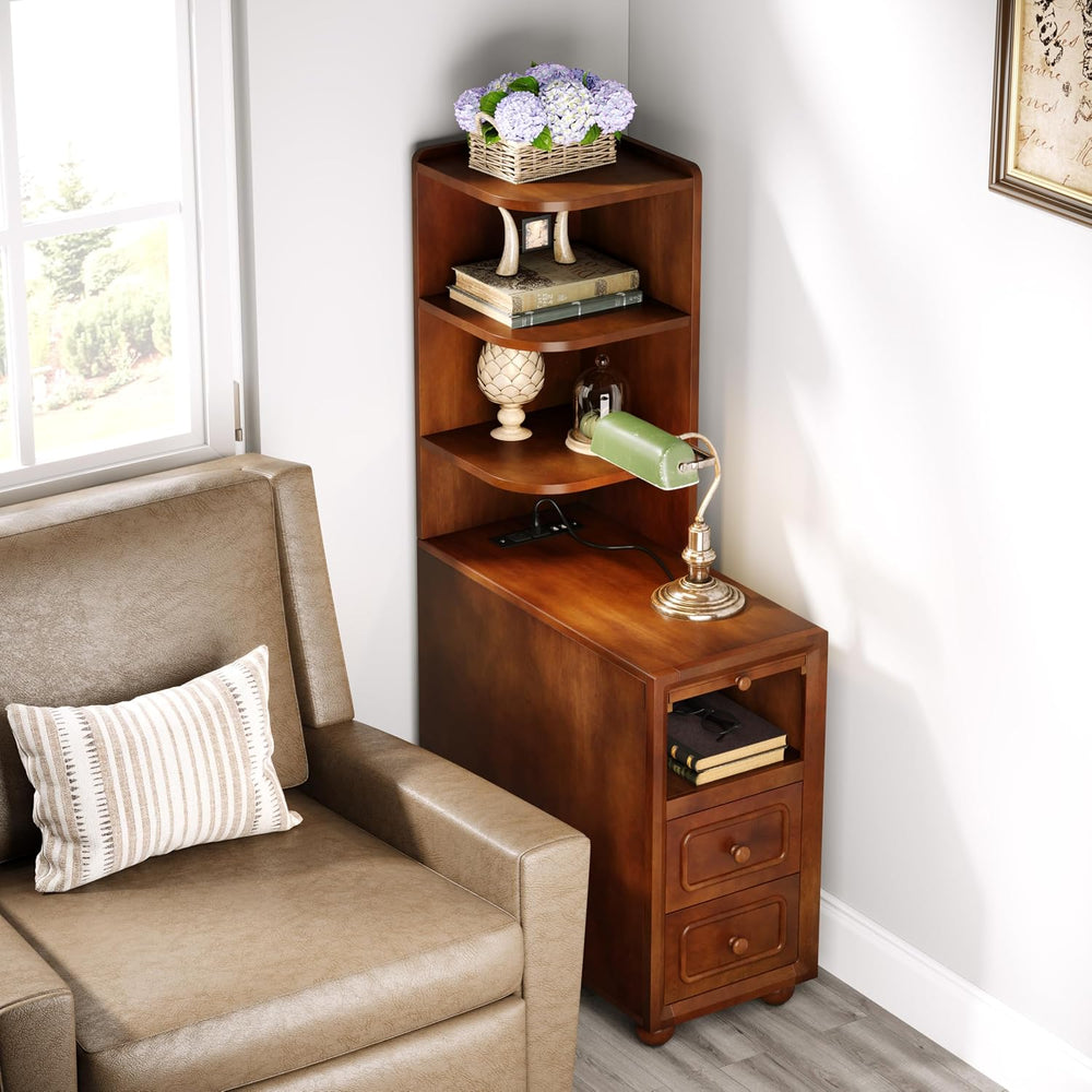 Solid Wood End Table with Charging Station and Reversible Corner Shelves, Tal...