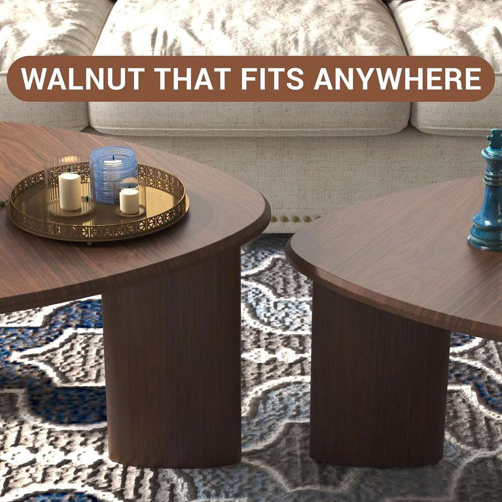Nesting Coffee Table Set of 2, Modern Walnut Wood Veneer Coffee Table and Sid...