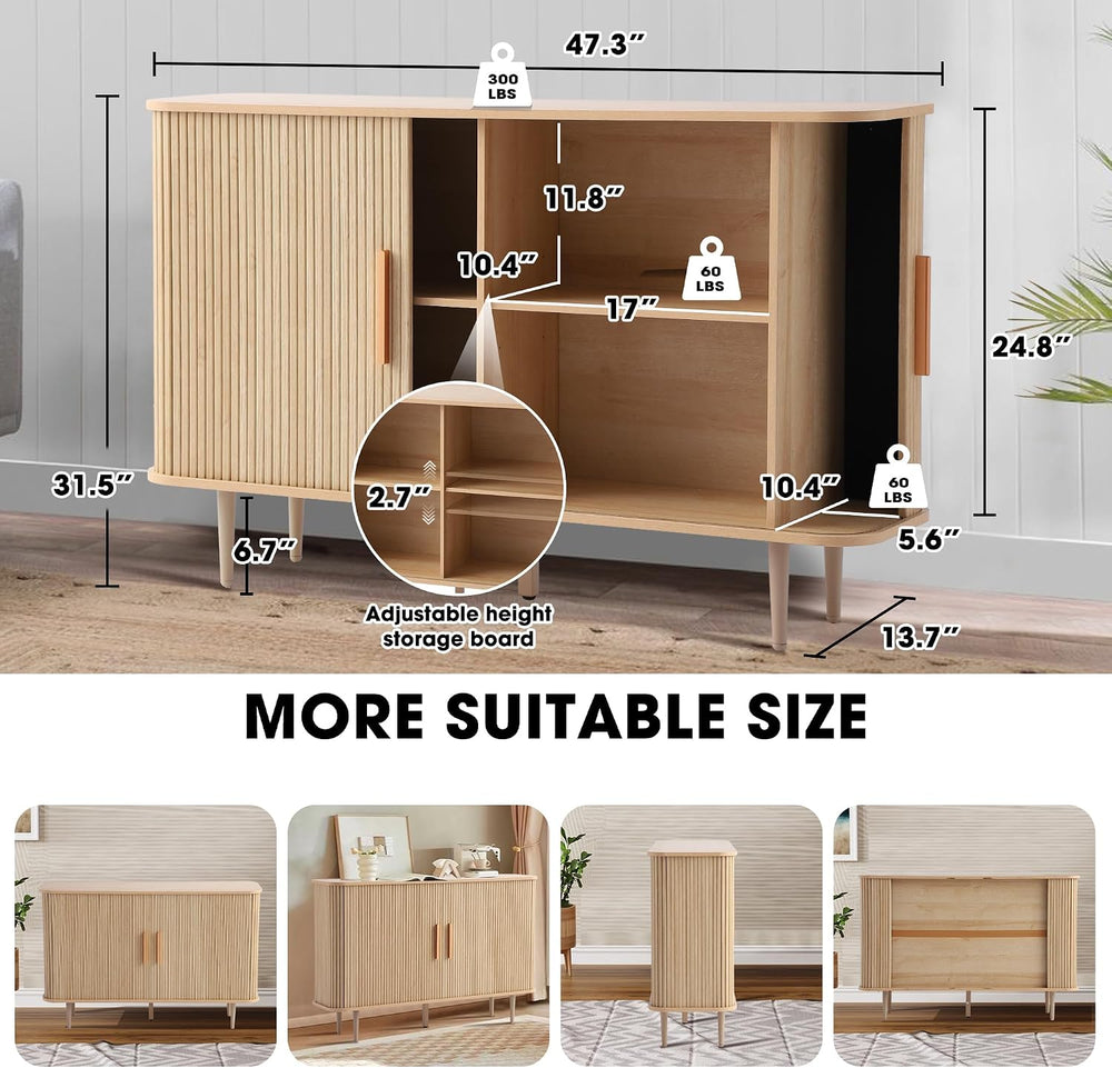 Grepatio 47" Sideboard Buffer Cabinet with Fluted Slide Doors, Tambour S...