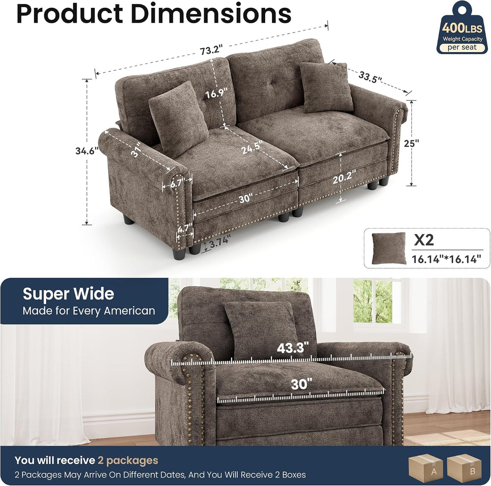 PHI VILLA 73.2" Modular Loveseat Cloud Couch with Rolled Arms & Deep...
