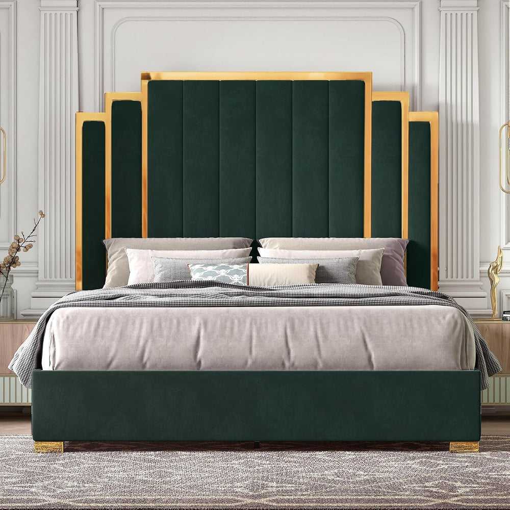 HOWE 61" California King Upholstered Bed Frame with Gold Trim, Green