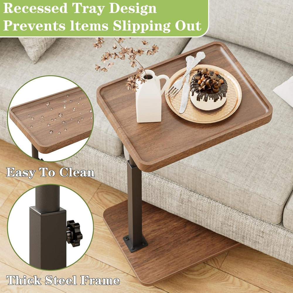 TV Tray Table Set of 2, C Shaped Adjustable End Side Table(Brown)