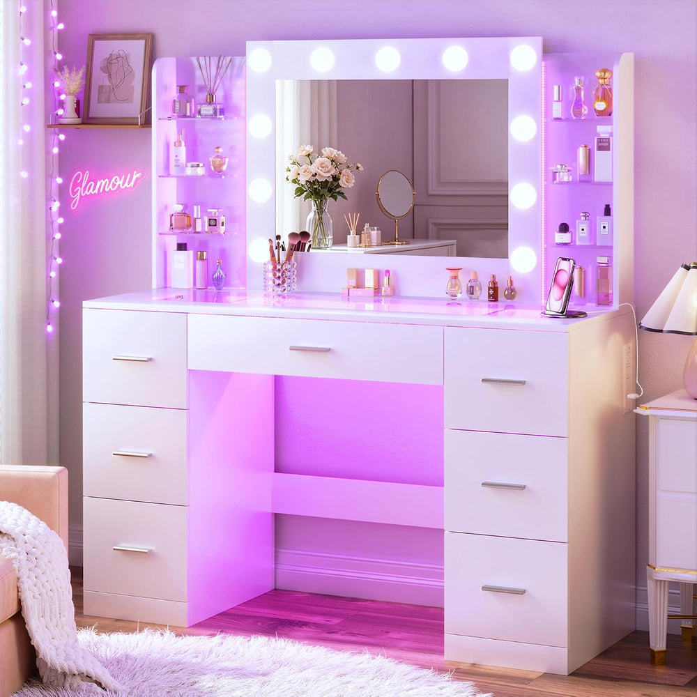 HUAHUU Vanity Desk with Mirror and Hollywood Lights, Makeup Vanity 6 Backlit ...