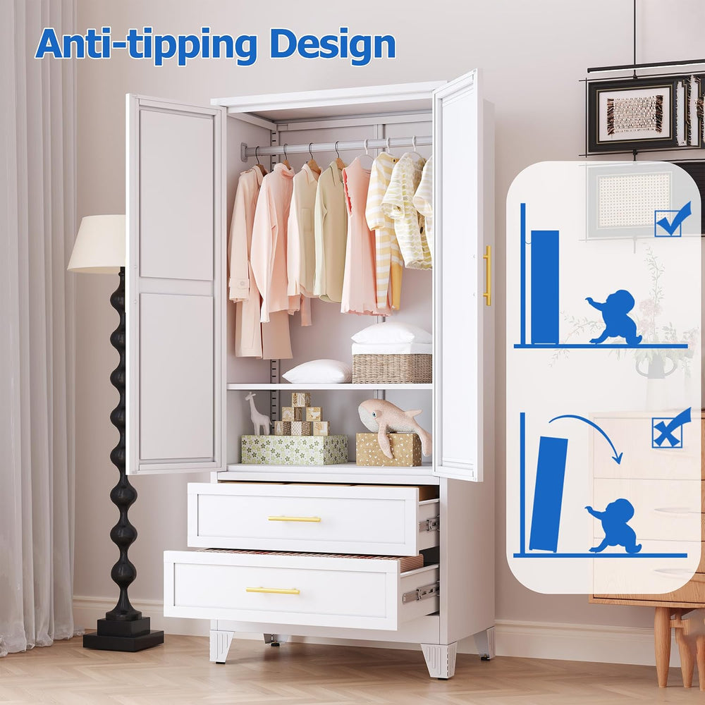 GAIOUS Steel Armoire Wardrobe Closet with Mirror and 2 Drawers 71" White...