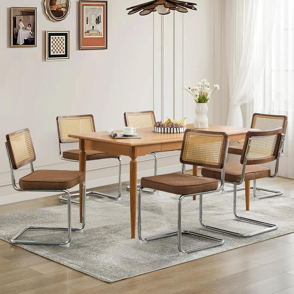 Rattan Dining Chairs Set of 6,Upholstered Mid-Century Modern Dining Room Chai...