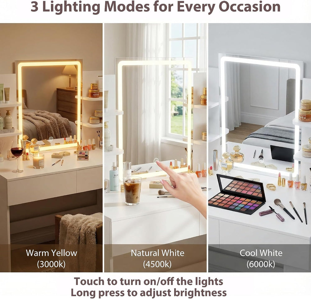Furmax Vanity Desk with Mirror and LED Lights, White with Bench | Makeup Vani...