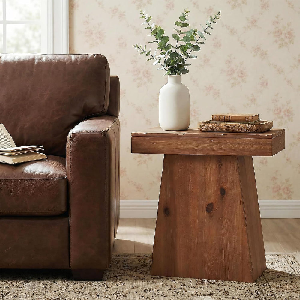 Solid End Table, 23.6" Wood Side Table with Trapezoid Base for Small Spa...