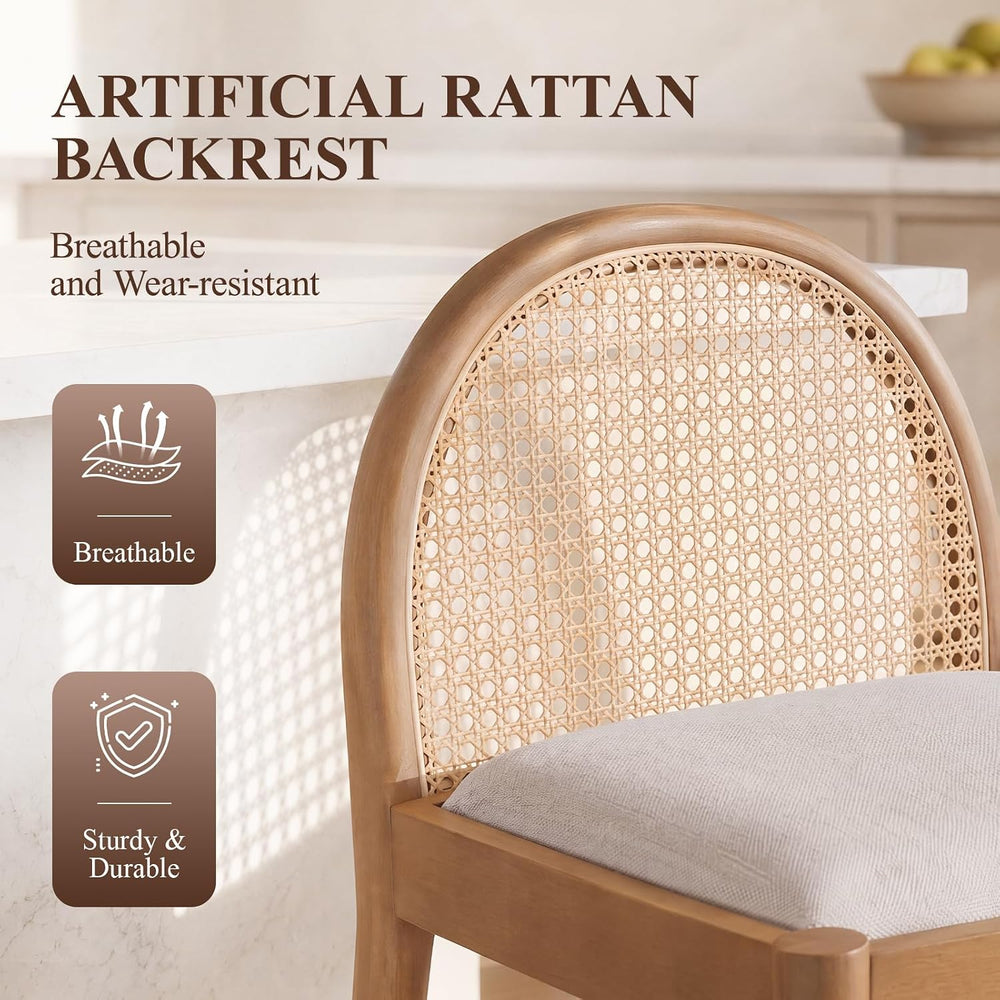 Ya-Home Mid-Century Bar Stools Set of 4, 26 Inch Rattan Back Linen Counter He...