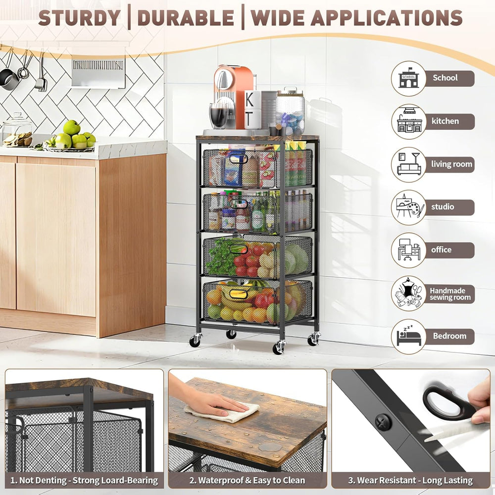 SUNALLY Rolling Kitchen Cart with Drawers, 4-Tier Utility Cart Fruit Vegetabl...