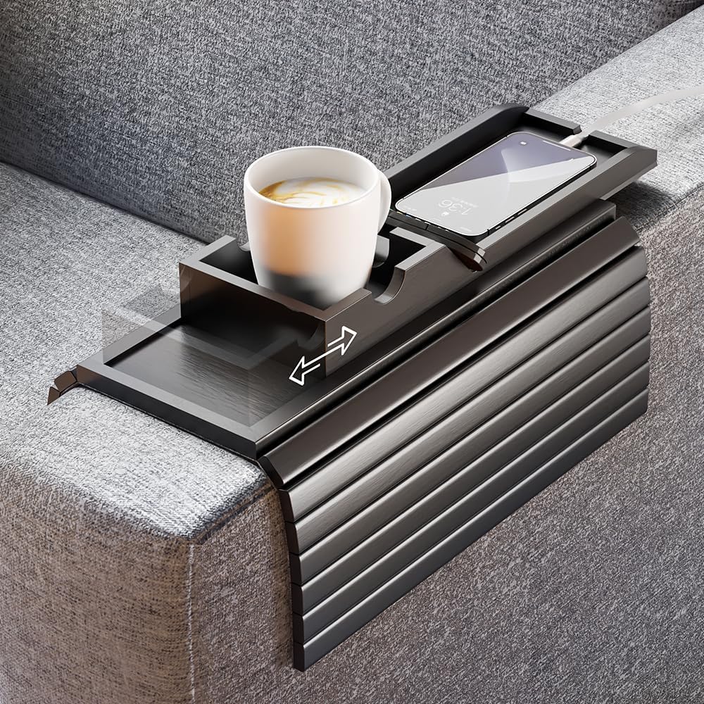Bestjing Bamboo Couch Armrest Table, Sofa Arm Tray with Detachable Couch Cup ...