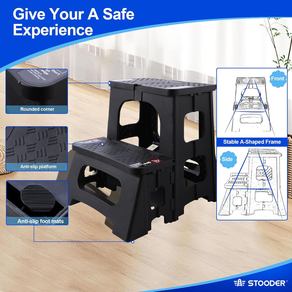 Folding Step Stool, 2-Step 8" 17", Non-Slip, 300lb Capacity | No As...