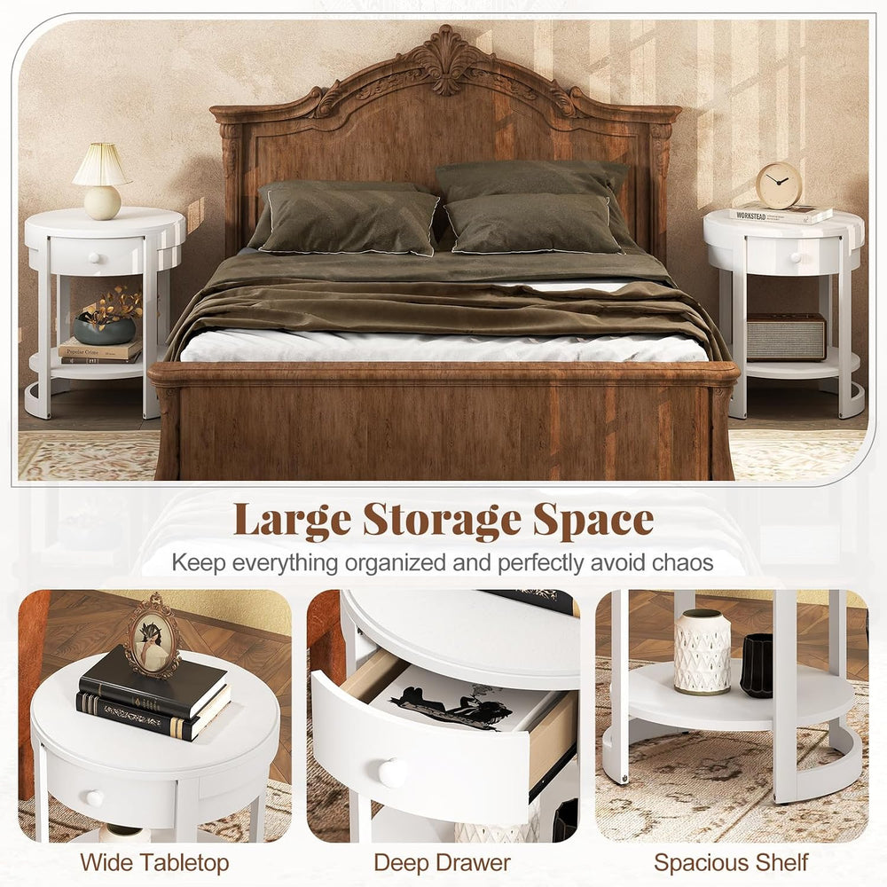 GOFLAME Round Side Table with Drawer, Retro 2-Tier Nightstand with Shelf &...