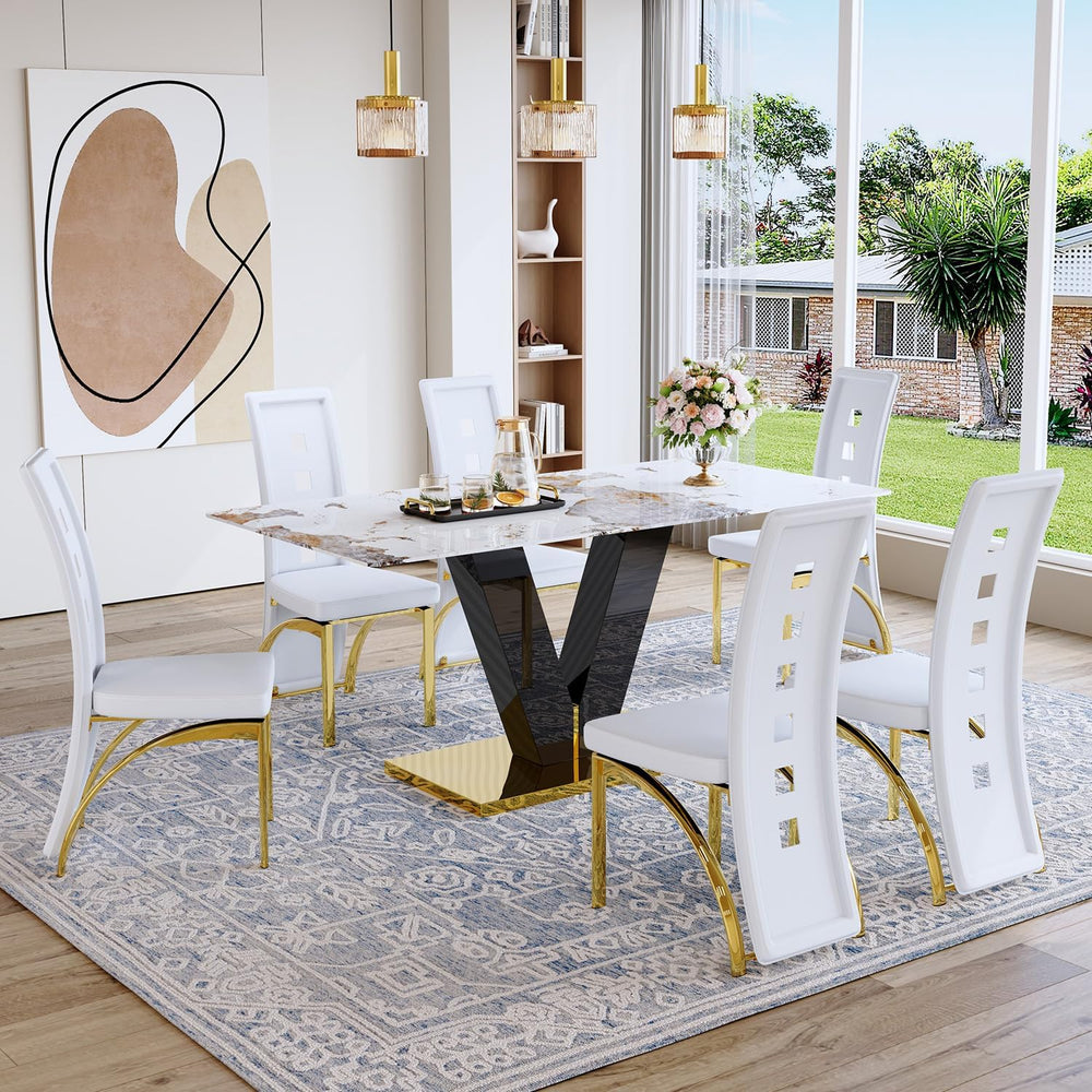 71'' Dining Table Set for 6,Modern Dining Room Table Set for 6,Marble...