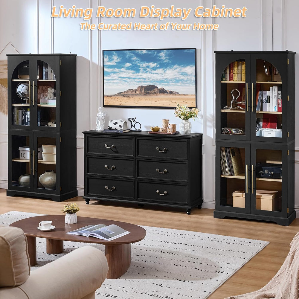 Joaxswe 68" Tall Bookshelf with 4 Glass Doors, Farmhouse 5 Tire Bookcase