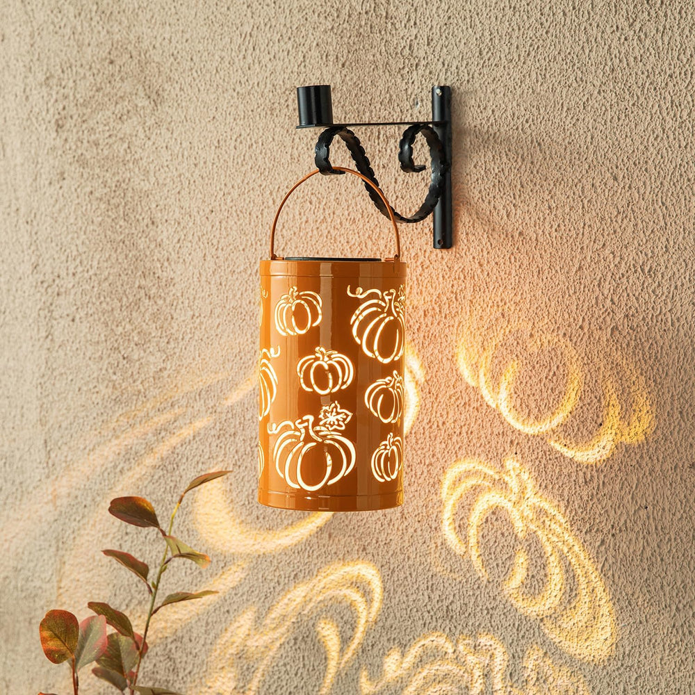 Glitzhome 10.75" H Fall Metal Pumpkin Lantern Decor Solar Powered LED La...