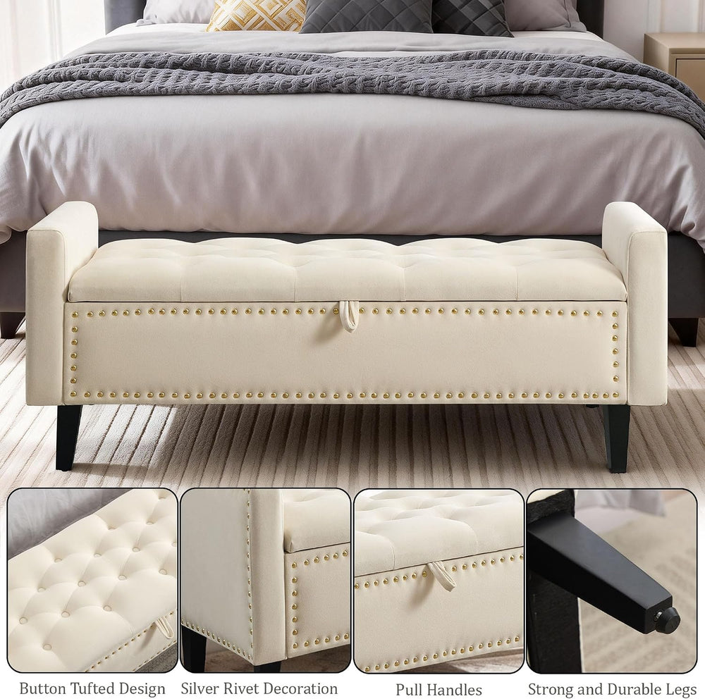 47in Velvet Storage Ottoman Bench with Arms, Upholstered Storage Bench with W...