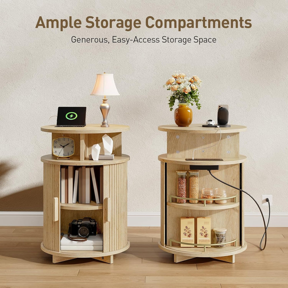 RALGEND Round Fluted End Tables, Round End Table with Charging Station, Flute...