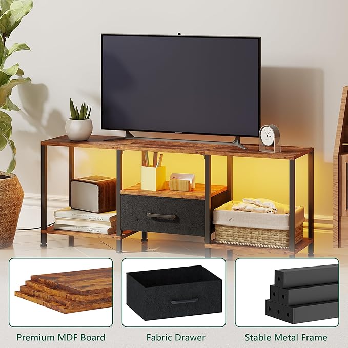 TV Stand with LED Lights, Entertainment Center with Open Shelves and Fabric D...