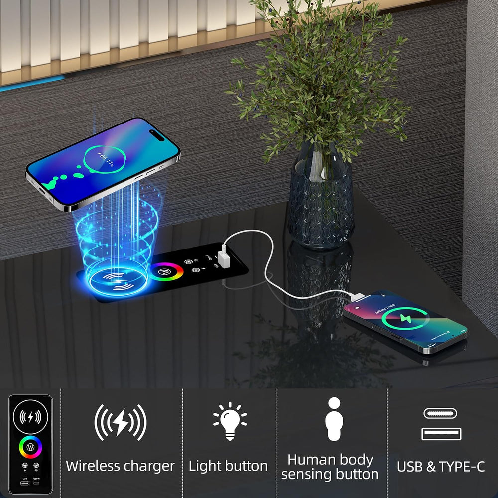 Lvifur Smart Nightstand with RGB Lights & Wireless Charging Station - Bla...