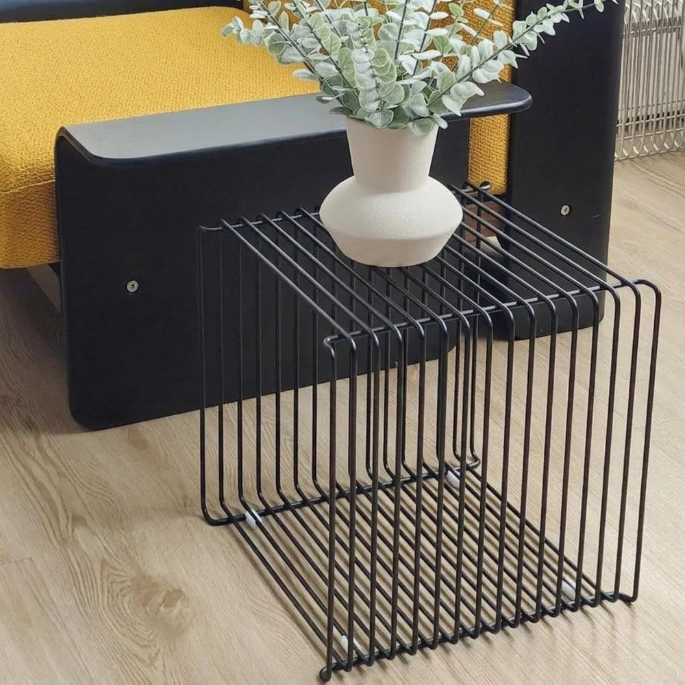 Accent Table Stainless Steel Retro Square Metal Side End Table with Wire Cube...