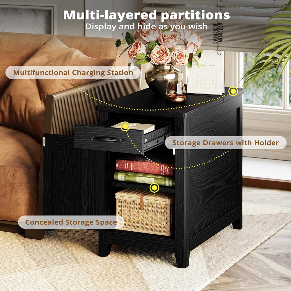 IRONCK End Table with Charging Station, Narrow Side Table for Living Room, Fa...