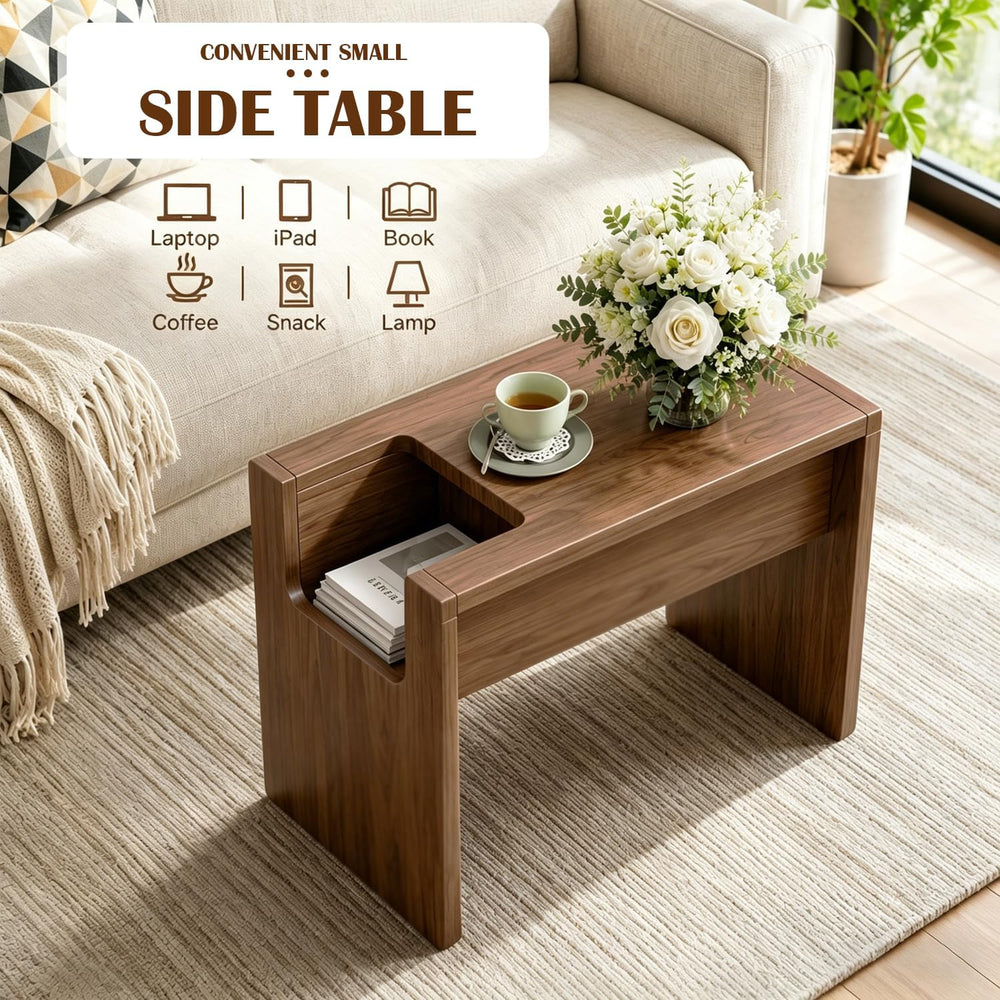 Modern C Shaped End Table for Couch,Walnut Solid Wood Nightstand,Slide Under ...