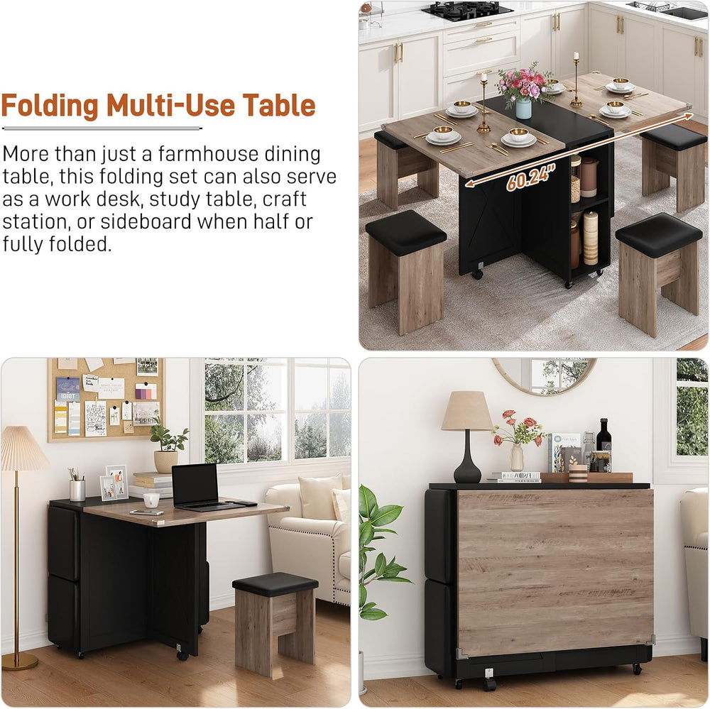 5 PCS Farmhouse Dining Table Set for 4,60" Large Folding Dining Table Se...
