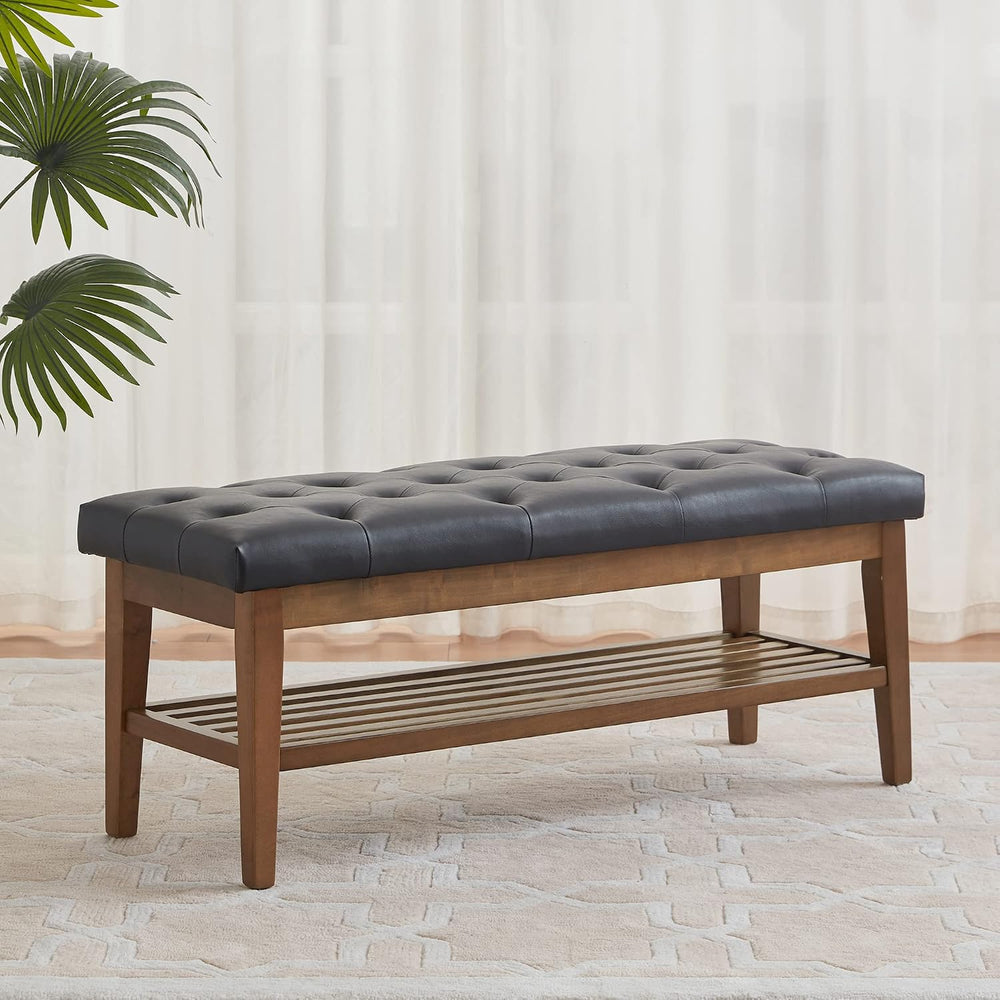 HUIMO PU Leather Entryway Shoe Bench, Button Tufted End of Bed Bench,Black | ...