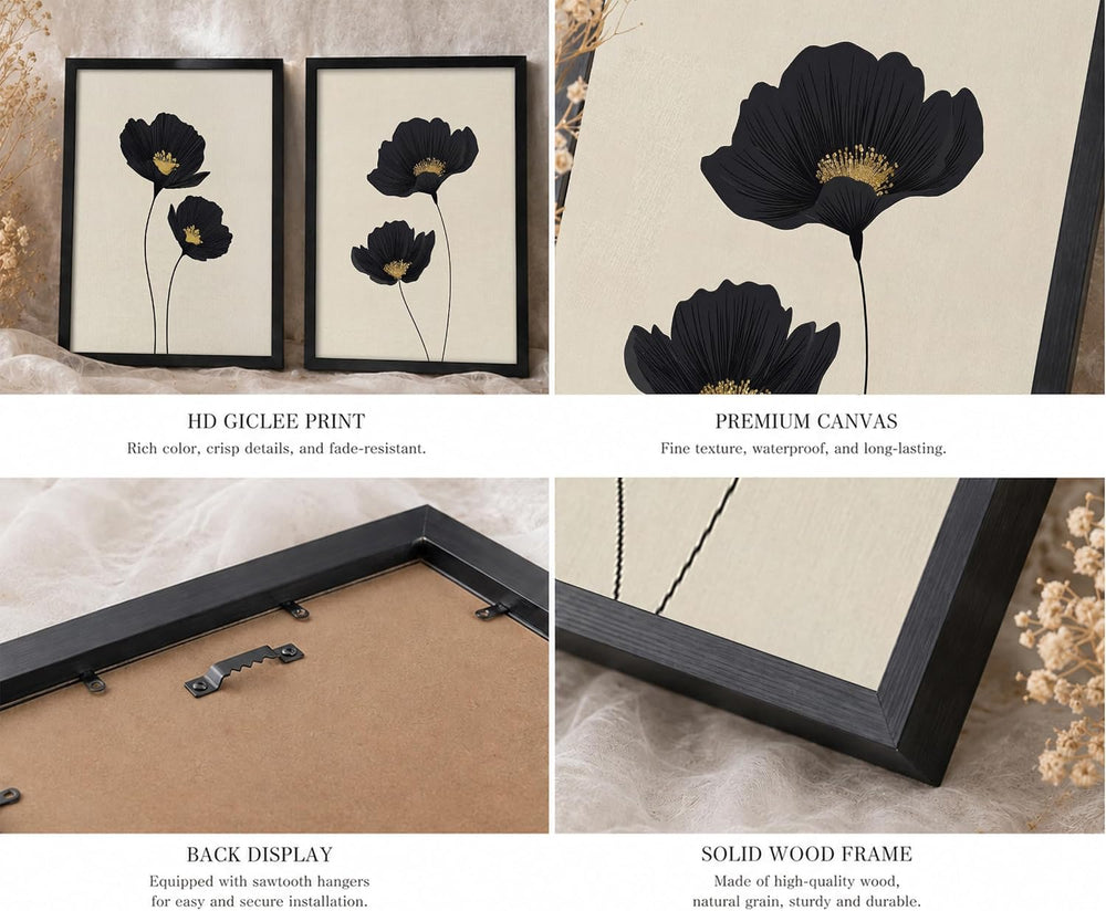 Minimalist Black Gold Flower Bathroom Wall Art Poppy Botanical Art Print