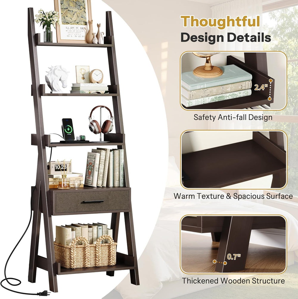 DynJest 5-Tier Bookshelf with Drawer, 70" Tall Ladder Shelf with Power O...