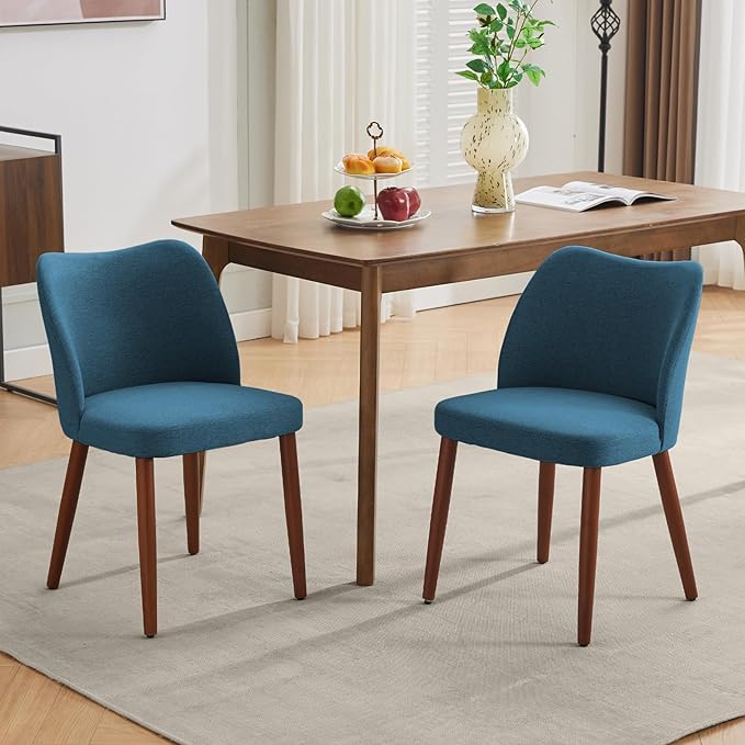 Dining Chair Set of 2, Linen Upholstered Dining Chair with Wood Legs, Wing Ba...