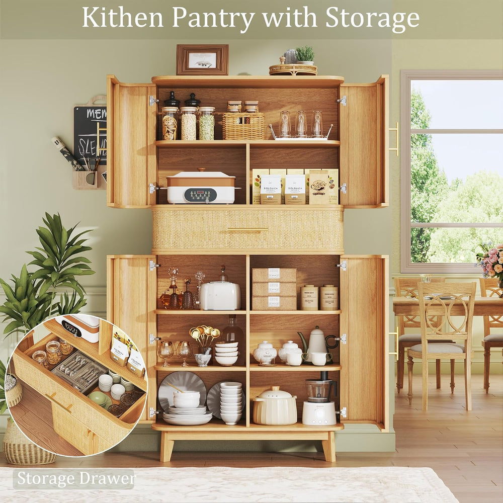 HUAHUU 71" Tall Pantry Cabinet with Curved Rattan Doors, Large Pantry St...