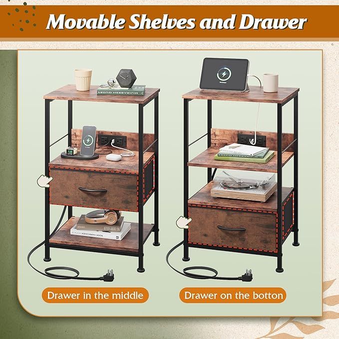 WLIVE Night Stand with Charger Station, LED Nightstand with Adjustable Fabric...