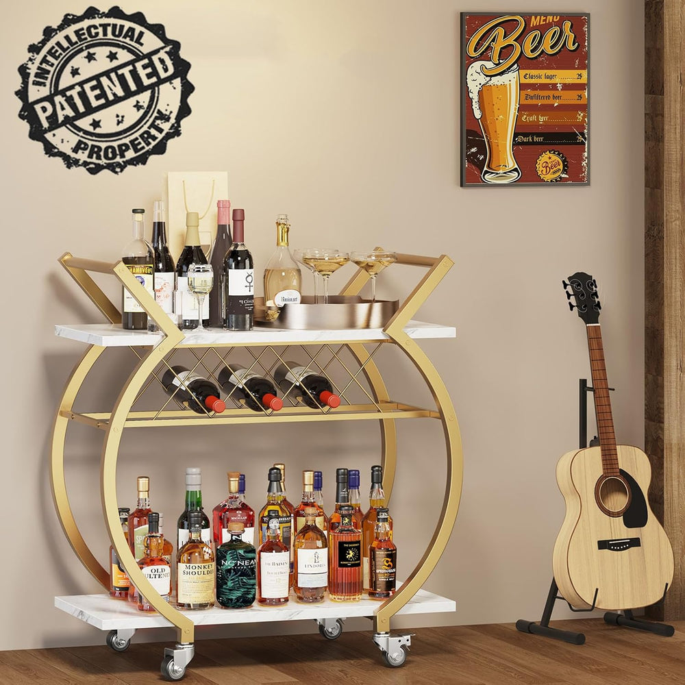 LVB Gold Bar Cart with Wheels, Modern White Marble Home Bar Serving Cart | Dr...