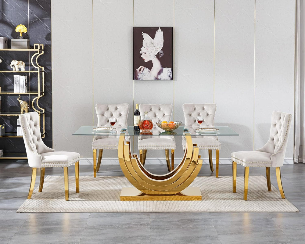 SSLine 7-Piece Gold Glass Dining Table Set for 6, Modern Luxury 70" Glas...