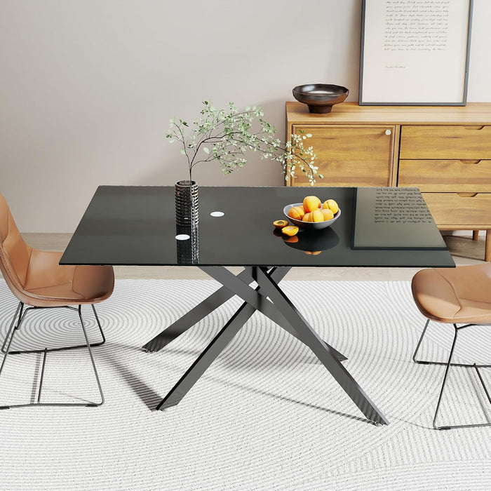 51.2" Glass Dining Table for 2-4 People, Modern Kitchen Table with Black Chromed Legs, Rectangular Dinner Table for Small Space, Apartment, Office, All Black