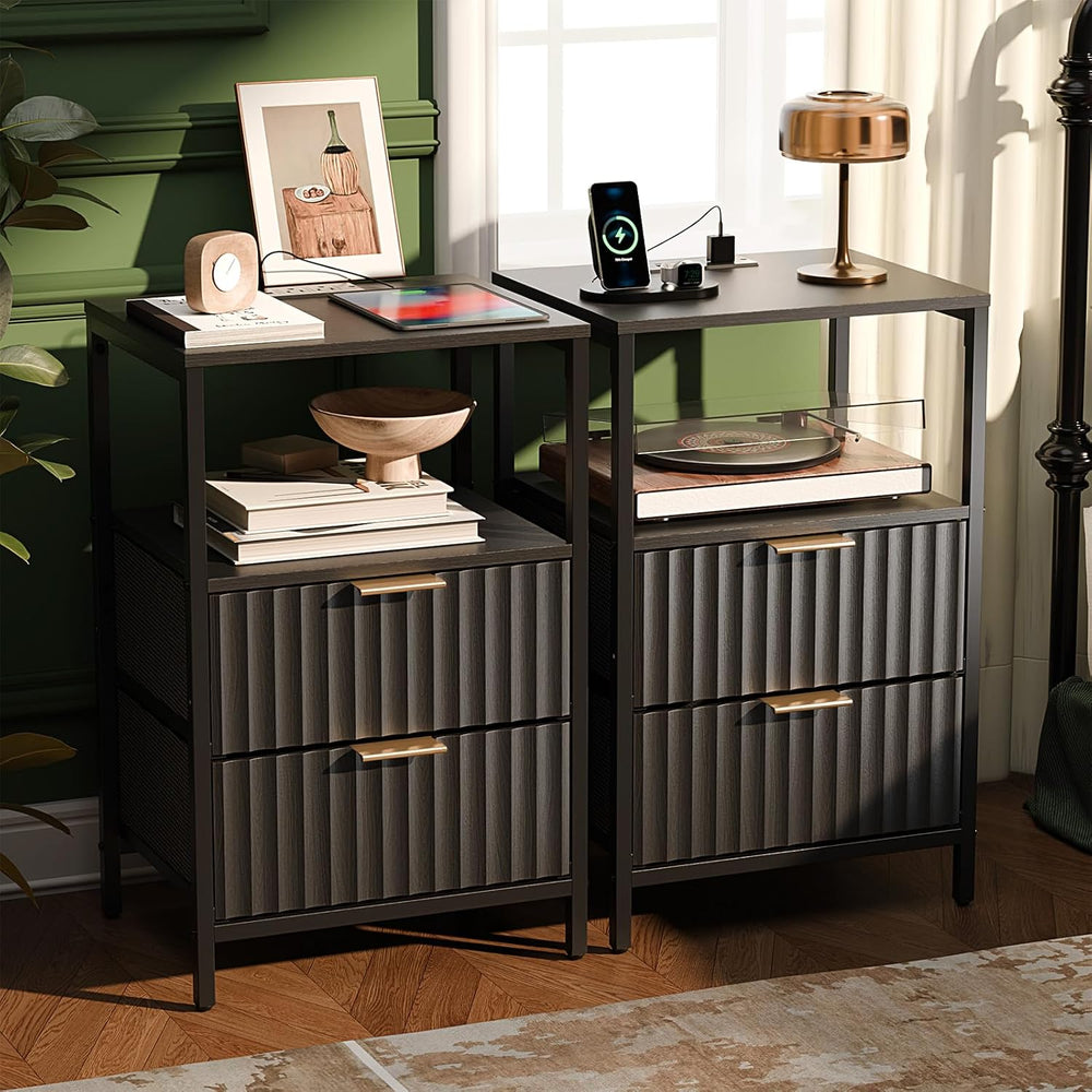 VINGLI Black Nightstands Set of 2 with Fabric Drawers, Fluted Nightstands wit...